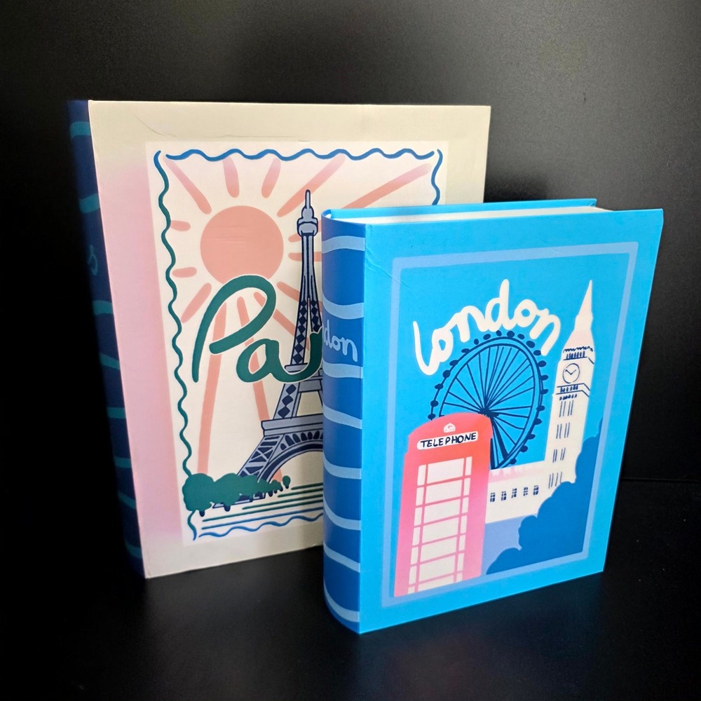 Molly & Rex Decorative Book Boxes Set of 2 Paris London Magnetic Storage Blue